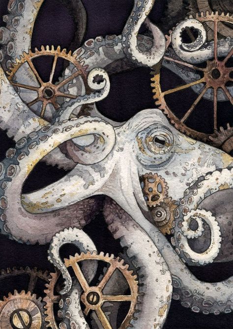 octopus watercolor painting by chloe yingst.  Thanks for the find, @nikki striefler striefler striefler striefler Seymour: Octopus Pattern, Steampunk Octopus, Art Steampunk, Octopus Tattoo, Octopus Art, Steampunk Art, Pattern Fabric, Cthulhu, Kraken