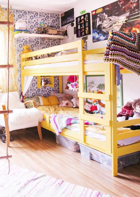 Bunk Bed Nursery, Yellow Bunk Bed, Bunk Beds Room Ideas, Foster Bedroom, Bunk Bed Room Ideas, Yellow Girls Bedroom, Simple Kids Rooms, Girls Bunk Beds, Bed In