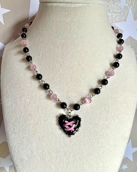 ‘Tied Up’ Necklace 🖤 made with black onyx beads, pink cat eye beads, and stainless steel findings 19in + 2in extension chain available now, link in bio 🫶 #explorepage #jewelry Gothic Black Bead Necklace For Gift, Adjustable Pink Beaded Necklace With Black Beads, Goth Beaded Necklace, Pink And Black Necklace, Alt Jewelry, Black Onyx Pendant Beaded Necklace, Cat Eye Beads, Eye Beads, Pink Necklace