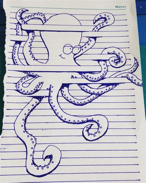 Tatouagebestt | Art Drawings Sketches Simple, Line Art Paper Octopus, Drawings On Lined Paper, Octopus Drawing, Illusion Drawings, Notebook Drawing, Pencil Drawings Of Animals, 3d Drawings, Book Drawing, Pencil Art Drawings