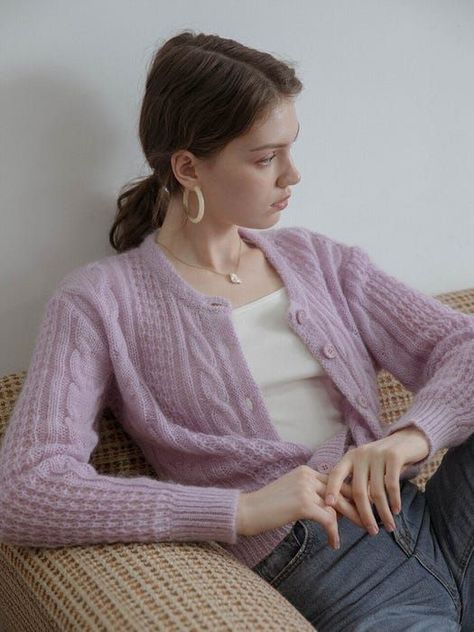 Cardigans Outfit, Purple Knitted Long Sleeve Cardigan, Pink Cardigan Outfit, Fitted Purple Knitted Cardigan, Purple Long Sleeve Cable Knit Cardigan, Purple Button-up Winter Cardigan, Purple Knitted V-neck Cardigan, Cardigan Purple, Crew Neck Cardigan