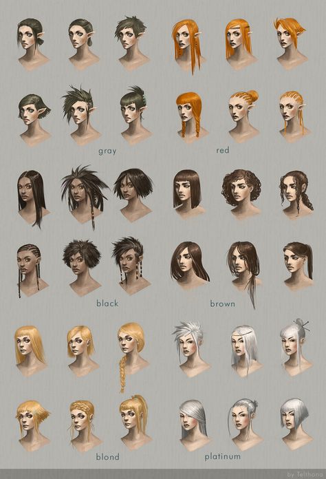 Hairstyle concept art by telthona elf human satyr chart | Create your own roleplaying game material w/ RPG Bard: www.rpgbard.com | Writing inspiration for Dungeons and Dragons DND D&D Pathfinder PFRPG Warhammer 40k Star Wars Shadowrun Call of Cthulhu Lord of the Rings LoTR + d20 fantasy science fiction scifi horror design | Not Trusty Sword art: click artwork for source Hairstyles Concept Art, Character Design Cartoon, Fantasy Hair, Drawing Style, Monster Concept Art, Fantasy Male, Pinturas Disney, Guy Drawing, Drawing Tutorials