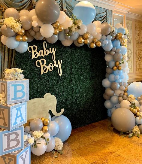 Baby Shower Stage Decorations, Baby Shower Boys, Shower Boys, Elephant Baby Shower Boy, Gender Reveal Themes, Ideas Decoracion, Unisex Baby Shower, Room Freshener, Twins Baby