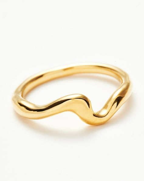 Molten Wave Stacking Ring | 18k Gold Vermeil. Make It Molten. This Simple Stacking Ring Has an Organic Shape with Wavy Detailing. Pair Two Together for a More Statement Look. Metal: 18K Recycled Gold Plated Vermeil on Recycled Sterling Silver Height: 6mm Weight: 2. 48g this Piece is Handcrafted with Recycled Materials to Help us Reduce Our Environmental Impact. Product Code: Mp-G-R2-Ns Wavy Engagement Ring, Organic Shape Jewelry, Wave Rings, Waves Necklace, Simple Stacking Rings, Form Study, Wavy Ring, Double Chain Bracelet, Fan Necklace