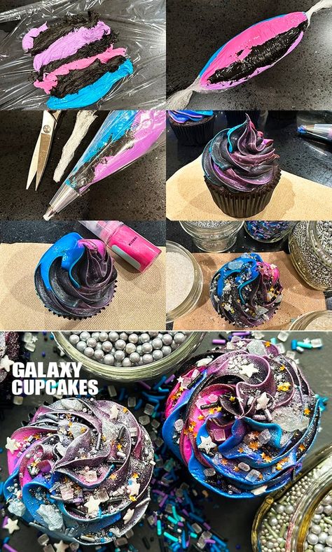 Galaxy Icing How To Make, Galaxy Jello Cups, Galaxy Theme Cupcakes, Galaxy Cupcakes How To Make, Space Themed Desserts Easy, Diy Galaxy Cupcakes, Buttercream Galaxy Cake, Space Cupcake Ideas, How To Make Galaxy Frosting