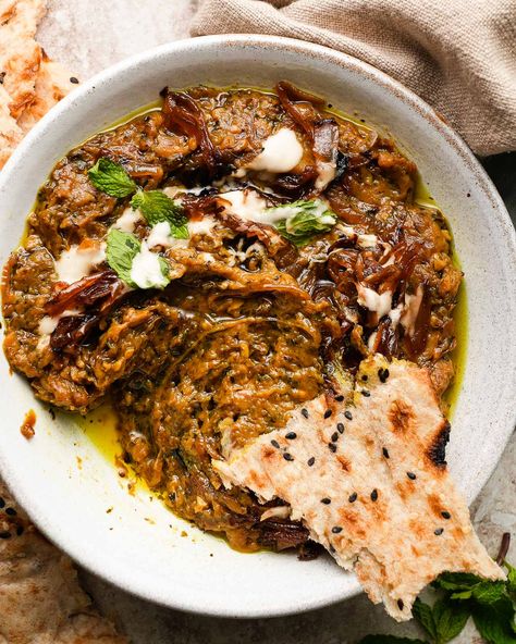 Kashke Bademjan (Persian Eggplant Dip) | Lindsey Eats Bademjan Recipe, Kashke Bademjan, Persian Eggplant, Happy Nowruz, Eggplant Varieties, Eggplant Salad, Eggplant Dip, Eggplant Dishes, Grilled Onions