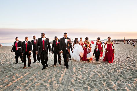 Beach Wedding Red, September Wedding Colors, Crimson Wedding, Beach Wedding Black, Azusa Pacific University, Jamaican Wedding, Black Red Wedding, Wedding Party Photography, Beach Wedding Locations