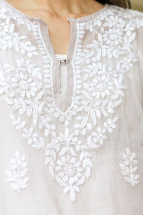 Chikankari Hand Embroidery, Lucknowi Embroidery Design, Chikankari Designs Hand Embroidery, Embroidery In Kurti, Neck Ideas, Chikankari Embroidery, Hand Embroidery Dress, Simple Kurta Designs, Embroidery On Kurtis