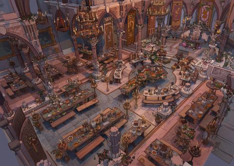 Fantasy Banquet Hall, Interior Concept Art, Medieval Banquet, Bg Design, Fantasy Rooms, Fantasy House, Fantasy City, Fantasy Castle, Biome