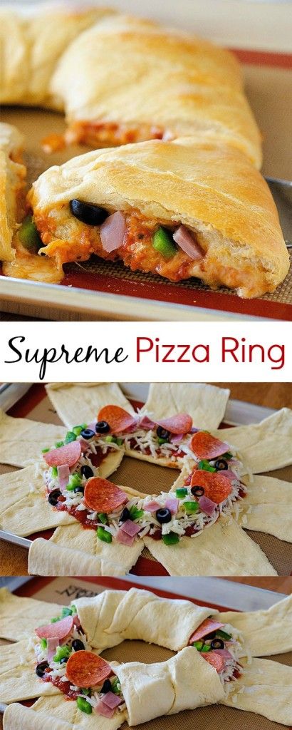 Supreme Pizza Crescent Ring ~ The best way to eat pizza is wrapped in a flaky ring of crescents. Sandwich Rings, Refrigerator Dough, Crescent Pizza, Pizza Supreme, Crescent Rings, Crescent Ring Recipes, Crescent Roll Recipes Dinner, Ham Pineapple, Pizza Ring