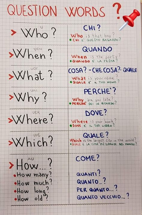 Language Learning Italian, Question Words, Basic Italian, Italian Grammar, Learning Languages Tips, Italian Vocabulary, Italian Lessons, Italian Language Learning, Italian Phrases