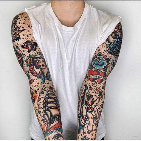 Traditional Tattoos Arm, Traditional Tattoo Sleeve Filler, Traditional Tattoo Arm, Mangas Tattoo, Tattoo Sleeve Filler, Neo Tattoo, Traditional Tattoo Inspiration, Traditional Style Tattoo, Traditional Sleeve