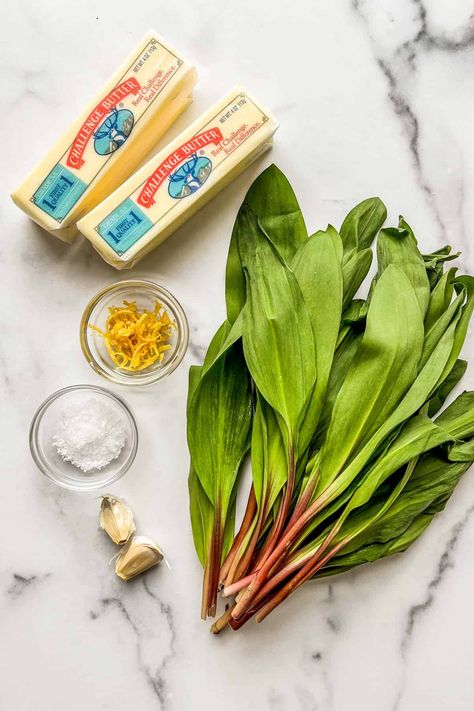 Two sticks of butter, ramps, lemon zest, flaky salt, and two garlic cloves. Ramp Butter Recipe, Ramp Pesto, Wild Onions, Bright Green Color, Foraged Food, Compound Butter, Wild Garlic, Flaky Salt, Herb Gardening