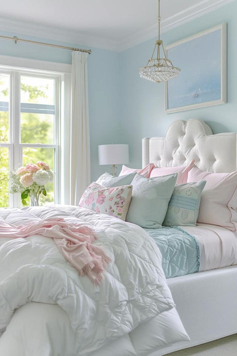 44 Feminine Bedroom Inspirations You'll Love to See Bedroom With Pastel Colors, Pink Bed Decor Ideas, Bedroom With Turquoise Walls, Southern Style Bedrooms Ideas, Light Blue Pink Bedroom, Light Blue Guest Room Ideas, Light Blue Pink And White Bedroom, Pink And Periwinkle Room, Beach Home Bedroom Ideas