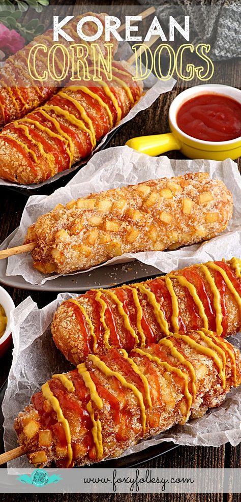 Korean Corn Dog - Foxy Folksy Korean Corn Dog Recipe, Corn Dog Recipe, Korean Corn Dog, Korean Corn, Foxy Folksy, Corndog Recipe, Korean Street Food Recipes, Corn Dog, Hot Dog Recipes