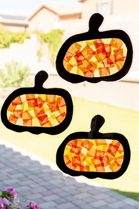 pumpkin suncatchers on window with tape Pumpkin Suncatcher, Pumpkin Suncatcher Craft, School Age Crafts, Pumpkins Kindergarten, Pumpkin Ornaments, Suncatcher Craft, Pumpkin Template, Fun Fall Activities, Toddler Fall