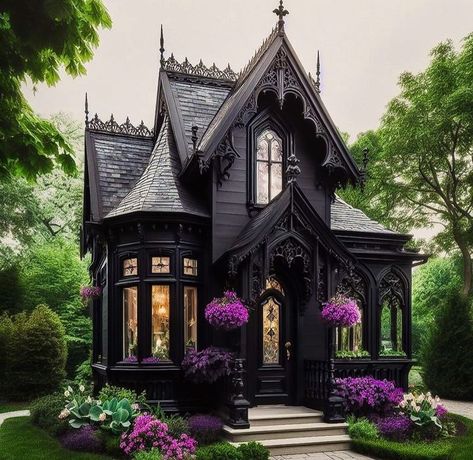 cottagecat • Instagram Gothic Cottage Aesthetic, Storybook Homes Exterior, Emo House Exterior, Victorian Tiny Home, Cathedral House, Goth Home Exterior, Gothic Houses, Victorian Gothic House Exterior, Gothic House Aesthetic