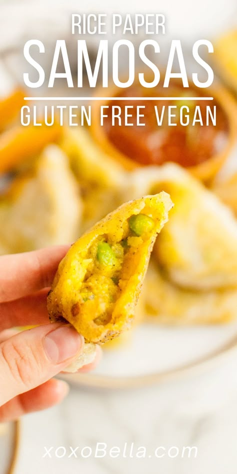 Gluten Free Dairy Free Indian Recipes, Deconstructed Samosa, Indian Samosa Recipe, Vegan Samosas, Gluten Free Empanadas, Witchy Party, Rice Paper Recipes, Schar Gluten Free, Eating Gluten Free