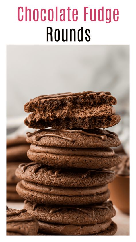 These homemade fudge round cookies are my copycat version of little debbie fudge rounds you know and love from your childhood! Easy, soft chocolate cookie sandwich with a chocolate buttercream, and classic chocolate stripes on top! Fudge Stripe Cookies Recipe, Chocolate Cookie Sandwich, Fudge Rounds, Soft Chocolate Cookie, Fudge Stripe Cookies, Cookie Sandwich, Fudge Cookies, Little Debbie, Big Cookie