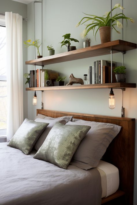 Shelving Headboard Ideas, Shelf Bed Headboard, Bedroom Decor Corner Bed, Bookshelf As Headboard, Headboard Ideas Shelves, Floating Shelves Above Bed Headboards, Over The Bed Floating Shelf, Head Of Bed Decor, Shelf As Headboard