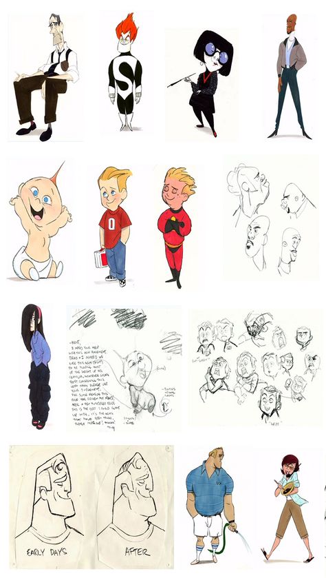 Concept art for Pixar's 'The Incredibles' (2004) The Incredibles Concept Art Pixar, Basic Shapes Character Design, Pixar Animation Sketches, Character Design Circle Shape, Pixar Character Concept Art, Mr Incredible Concept Art, The Incredibles Character Design, Triangle Shape Character Design, Cartoon Network Concept Art