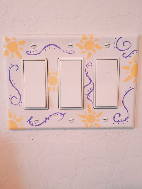 Rapunzel Aesthetic Room Decor, Disney Light Switch Covers, Rapunzel Themed Bedroom, Tangled Inspired Nursery, Simple Door Painting Ideas, Rapunzel Room Ideas, Tangled Nursery Theme Rapunzel, Tangled Room Ideas, Rapunzel Nursery Theme