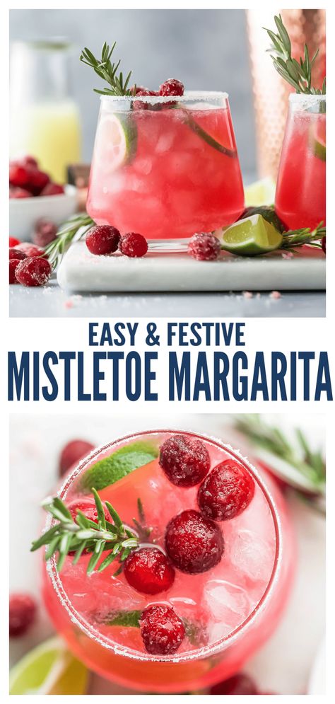 This Mistletoe Margarita is a festive cocktail made with cranberry juice, orange liquor, fresh lime juice and tequila for the perfect sip. Make it ahead in a pitcher or single serve - just be sure to garnish this margarita with fresh rosemary and sugared cranberries for that extra pop! #holidaycocktail #mistletoemargarita #margaritarecipe #holidaydrink #pitchercocktails #christmasmargarita #christmascocktail Winter Margarita Recipe Pitcher, Merry Margarita Recipe, Mistle Toe Margarita, Mistle Toe Margaritas, Christmas Cocktails Margarita, Christmas Spicy Margarita, Cranberry Lime Margarita, Christmas Drink Pitcher Recipes, Poinsettia Drink Recipe