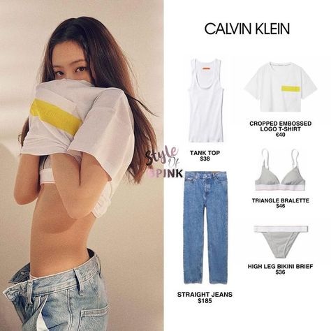 Jennie Calvin Klein Outfit, Ck Outfit Calvin Klein, Top Calvin Klein Outfit, Calvin Klein Outfits Casual, Jennie Ck, Calvin Klein Jennie, Mejiwoo Fashion, Calvin Klein Crop Top, Blackpink Closet