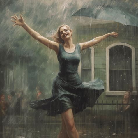 Dancing In The Rain Aesthetic, Lady Dancing, Rain Illustration, Girl In Rain, Standing In The Rain, Rain Painting, Rain Art, Up To The Sky, Work Art