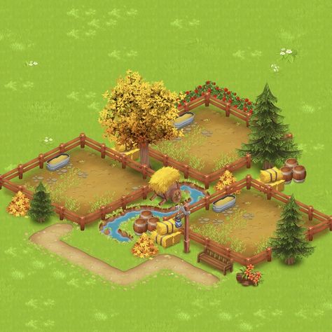 Hay Day Animals Design, Hay Day Sewing Machine Design, Best Hayday Farm Designs, Hayday Pigs Design, Cute Hayday Farm Layout, Hay Day Fall Design, Hayday Animal Layout, Hay Day Entrance Design, Hayday Aesthetic Farm