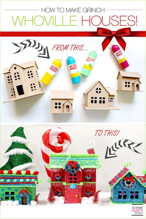 Merry Grinchmas! Check out these easy and affordable Grinch Party Ideas including DIY Whoville Houses, Grinch printables and more! Diy Whoville, Whoville Houses, Grinch Party Ideas, Grinch Village, Whoville Christmas Decorations, Cut Snowflakes, Snowflakes Christmas Tree, Grinch Crafts, Grinch Decorations