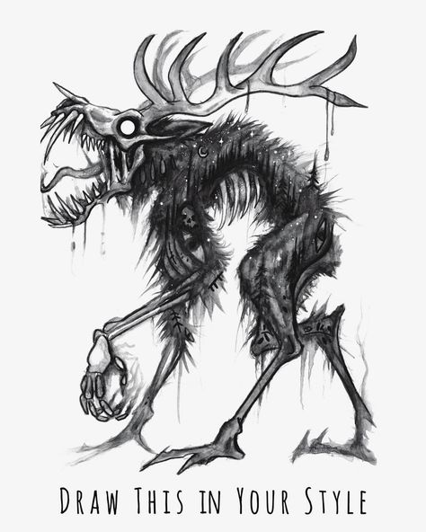 Let’s do something mythical ✨ I thought it would be exciting to see your interpretation of my wendigo for my next #drawthisinyourstyle… Art Sinistre, Scary Drawings, Creepy Drawings, Dark Creatures, Monster Drawing, Creepy Tattoos, Creature Drawings, Dark Art Drawings, Dark Art Illustrations