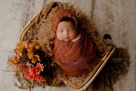 Autumn Newborn Photoshoot, Autumn Baby Photoshoot, Newborn Autumn Photography, Newborn Boho Photography, Fall Theme Newborn Photo Shoot, Burnt Orange Newborn Photography, Boho Newborn Photography Basket, Autumn Newborn, Newborn Ideas