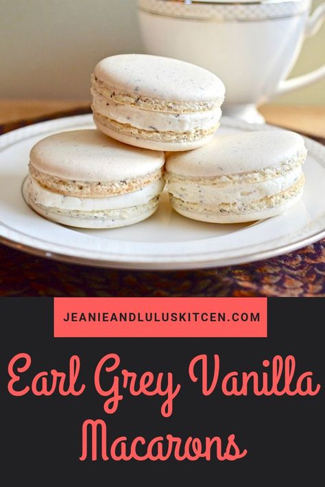 Earl Grey Vanilla Macarons - Jeanie and Lulu's Kitchen Macaron Template, Vanilla Macarons, Buttercream Filling, Macaroon Recipes, Macaron Recipe, Meringue Cookies, Baked Goodies, Earl Grey, Macaroons