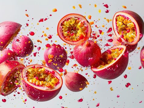 Photography of PASSIONFRUIT falling from the sky, hyperpop colour scheme. glossy, white background Passion fruit royalty free stock photo Falling Skies, Water Splash, Fruit Water, Falling From The Sky, Passion Fruit, Colour Scheme, Vector Pattern, Glossy White, The Sky