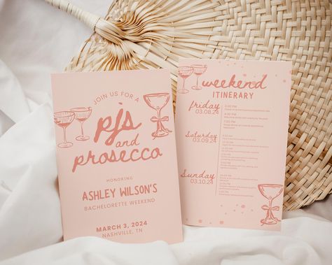 Make your bachelorette weekend unforgettable with our pjs and prosecco bachelorette itinerary template! This beautifully designed and easy-to-follow itinerary ensures a seamless celebration filled with fun and relaxation. From welcome drinks to pajama brunches, every detail is planned out for a stress-free, memorable experience. Perfect for organizing activities, dining, and downtime, this template is your go-to guide for celebrating the bride-to-be in style. Download now and start planning the Pjs & Prosecco Bachelorette, Prosecco And Pjs Bachelorette, Pjs And Prosecco Party, Pjs And Prosecco Bachelorette Party, Slumber Party Aesthetic, Pjs And Prosecco, Prosecco Bachelorette, Prosecco Party, Bach Weekend