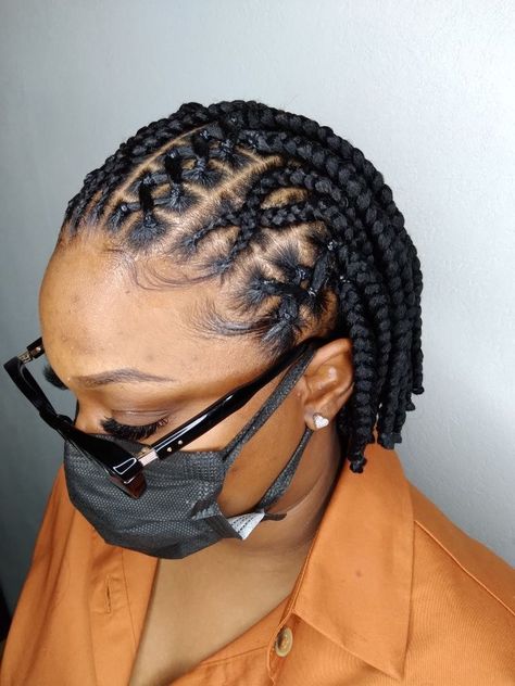 Very Short Box Braids, Braids For Natural Short Hair, Braiding Short Hair Black, Natural Hair Flat Twist Styles Short, Latest Natural Hair Twist Styles, Flat Twist Hairstyles For Short Hair, Cornrows In The Front Box Braids In Back, Box Braids With Rubber Bands, Cornrow Hair Styles