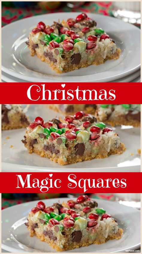 Magic Squares Recipe, Christmas Magic Bars Recipe, Christmas Magic Cookie Bars, Christmas Squares And Bars, Christmas Bars And Squares, Christmas Cookie Recipes Holiday, Magic Bars, Christmas Baking Recipes, Christmas Squares