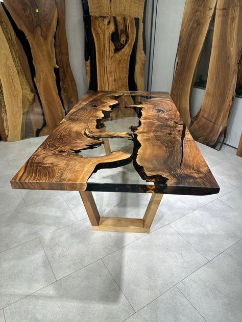 Modern Natural River Walnut Wood Kitchen Table Live Edge Table With Epoxy, Epoxy Decor, Live Edge Epoxy Table, Live Edge Countertop, Walnut Wood Kitchen, Epoxy Resin Dining Table, Decorate House, Wood Kitchen Table, Epoxy Countertops