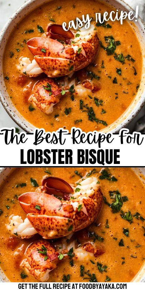 Creamy lobster bisque with fresh garnish, ideal for a festive Christmas dinner. Christmas Dinner Soup, Christmas Soup Recipes, Seafood Bisque Recipe Easy, Black Bean Sauce Recipe, Seafood Bisque Recipe, Lobster Soup, Slow Cooker Christmas, Lobster Bisque Recipe, Bisque Soup Recipes