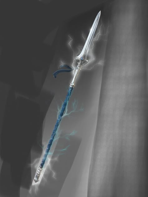 Silver Spear Fantasy Art, Lightning Spear Fantasy, Futuristic Spear, Fantasy Spear Art, Magic Spear Concept Art, Fantasy Lance, Spear Concept Design, Water Spear, Lightning Spear