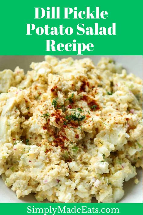 Dill pickle potato salad with paprika and dill on top. The Best Potato Salad, Best Potato Salad, Potato Salad Dill, Best Potato Salad Recipe, Homemade Potato Salads, Dill Potatoes, Dill Pickle Recipe, Shredded Bbq Chicken, Potato Salad With Egg