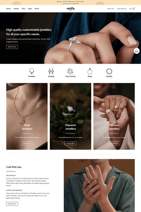 Cartify is the ultimate WooCommerce Gutenberg WordPress theme for online stores. With its modern design and intuitive user interface, it's never been easier to create a stunning online store. This theme offers a variety of customization options, including a drag-and-drop page builder and customizable widgets, to help you create the perfect online storefront. It also comes with a variety of pre-designed templates and layouts, making it easy to get started. Jewellery Website Design, Layout Product, Jewelry Banner, Jewelry Website Design, Graphic Designer Studio, Jewellery Website, Jewelry Packaging Design, Luxury Jewelry Store, Informative Videos
