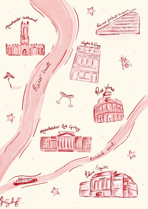 Stylised map print of Manchester with sketch style illustrations in pink and cream.  Available in A5, A4 & A3. Wedding Map Illustration, Wallpaper Invitation, Manchester Map, Wedding Maps, Map Illustrations, Pastel Illustration, Map Sketch, Map Drawing, Pink Cafe