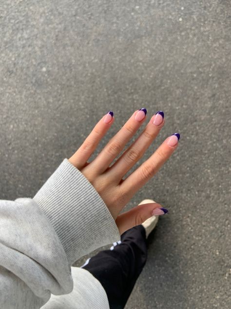 nails aesthetic trending now Short Acrylic Nails January, Dark Purple French Tip Nails Acrylic Almond, Purple Nails Homecoming, Dark Purple Gel Nails Ideas, Dark Purple Tips Nails, Dark Purple French Tip Nails Almond, Nail Inspo Dark Purple, Dark Purple French Tip Nails Acrylic, Dark Purple Nails Acrylic Short