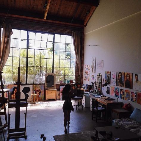 Loft Warehouse Windows, Charmaine Olivia, Studio Workspace, Studio Apartment Design, Cool Office Space, Art Studio Space, Tall Windows, Craft Space, Loft Decor