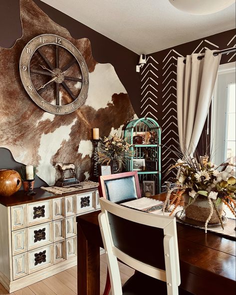 #cowhide #western #westerndecor #diningroomdecor #westerndining #diy #southwestdecor #herringbonewall Western Dining Room, Dream Home Plans, Black Dining Room, Kids Bedroom Ideas, Rustic Dining Room, Western Home, Western Homes, Western Home Decor, Big Girl Rooms