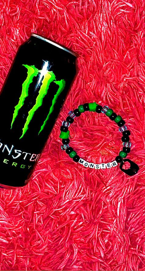 Monster Energy Bracelet, Monster Tab Bracelet, Lil Peep Bracelet Ideas, Lil Peep Bracelet, Monster Bracelet, Punk Bracelets, Beaded Decor, Kandi Inspo, Diy Kandi Bracelets