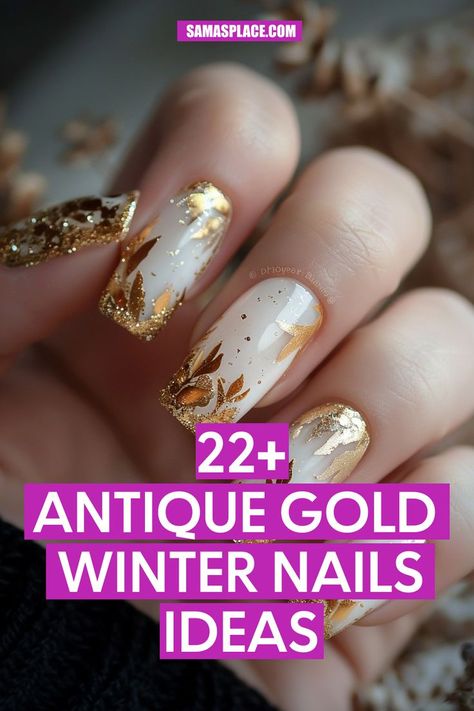 These stiletto nails showcase a nude base with intricate golden leaf accents. The delicate design and natural base make this style an elegant choice for a winter-themed look that’s both sophisticated and subtle. Modern Winter Nails, Nude Nails With Gold Accent, Simple Gold Nails, Nude Gold Nails, Gold Leaf Nail Art, Nude Winter Nails, Gold Winter Nails, Nails With Gold Accent, Gold Flake Nails