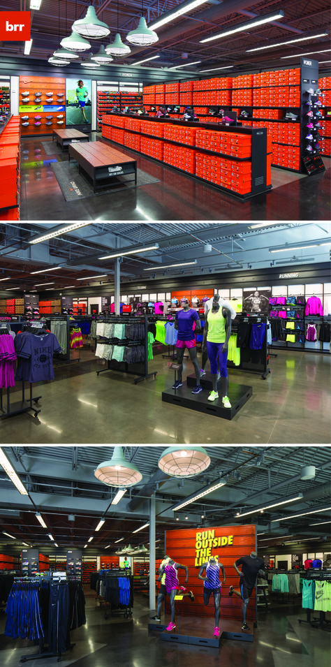 Nike Factory Store - Chesterfield, MO // BRR Architecture Factory Outlet Store Design, Sweatshop Factories, Nike Factory Store, Nike Showroom Interior, Nike Retail Store Design, Nike Outlet Store, Nike Retail, Nike Factory, Diesel Store